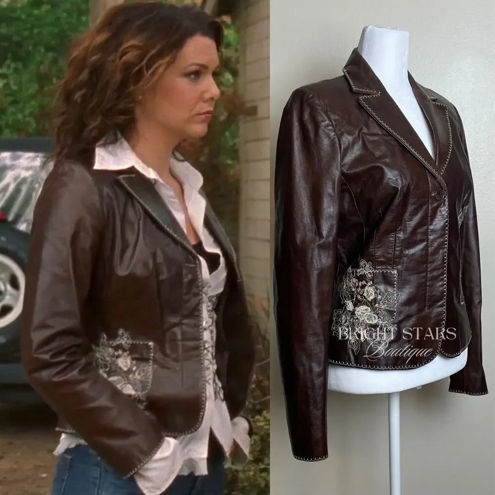 Rare Embroidered Leather Blazer Jacket ASO Lorelai Gilmore Phoebe Buffay Friends - Picture 4 of 11